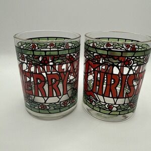 Set Of 2 MERRY CHRISTMAS Double Old Fashioned Rocks Glasses 4" Gold Rim